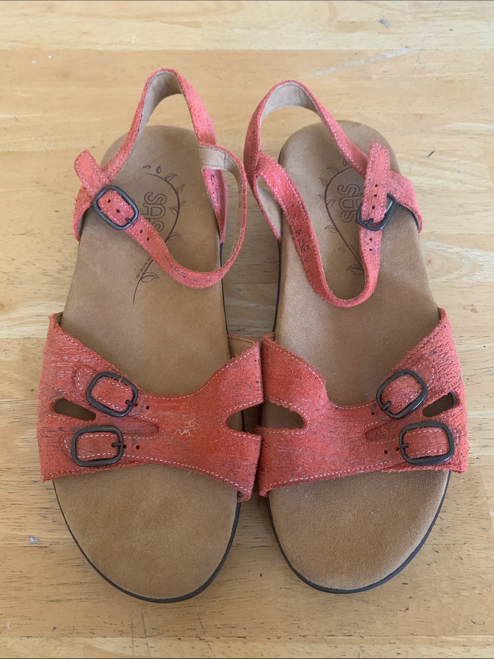 SAS Coral-Red Suede Slingback Sandals with Buckles